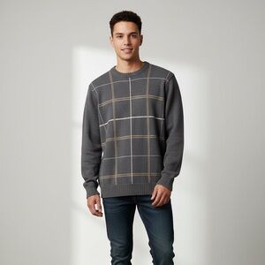 Oscar de la Renta Vintage Men's Small Plaid Crewneck Sweater Cotton Acrylic Knit